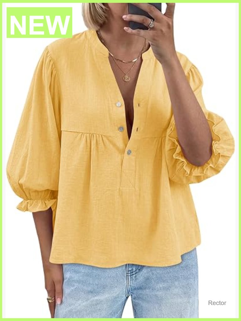 Puff Sleeve Babydoll Top V Neck Button Down Blouse Loose Fit Flowy